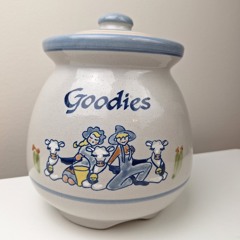Louisville Stoneware Goodies Cookie Jar Cows Farm Boy Girl Crock Canister